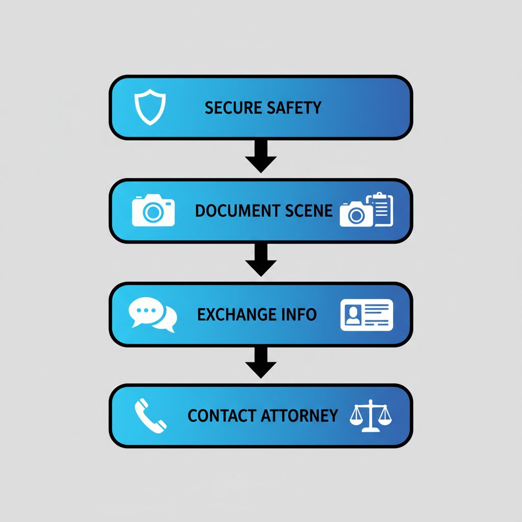 Diagrama de flujo vertical de cuatro etapas ilustrando pasos clave después de un accidente: asegurar seguridad, documentar escena, intercambiar información y contactar abogado en Bell Gardens.