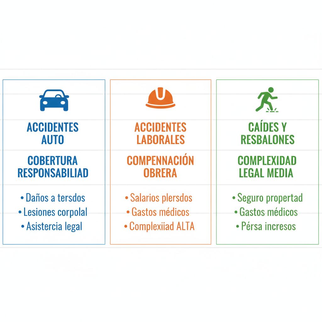 Infografía comparativa de tipos comunes de accidentes en Bell Gardens: automovilísticos, laborales y caídas, con íconos y coberturas.