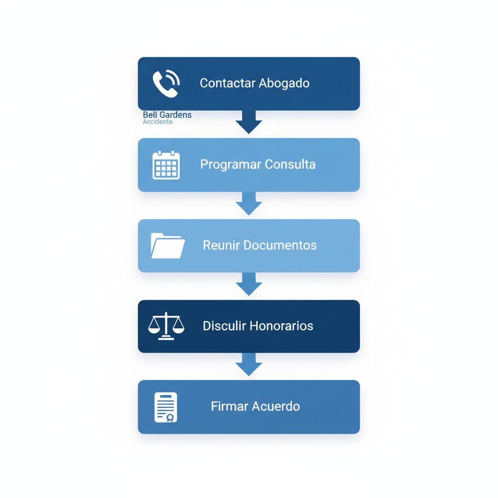 Diagrama vertical de cinco pasos ilustrado para comenzar proceso legal con abogado por accidente en Bell Gardens, con iconos y conectores azules.